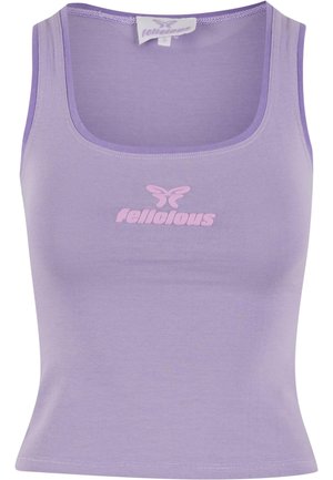 Lilac tank top made of lightweight fabric, featuring a fitted design, wide neckline, and a pink butterfly logo with "felicious" text.
