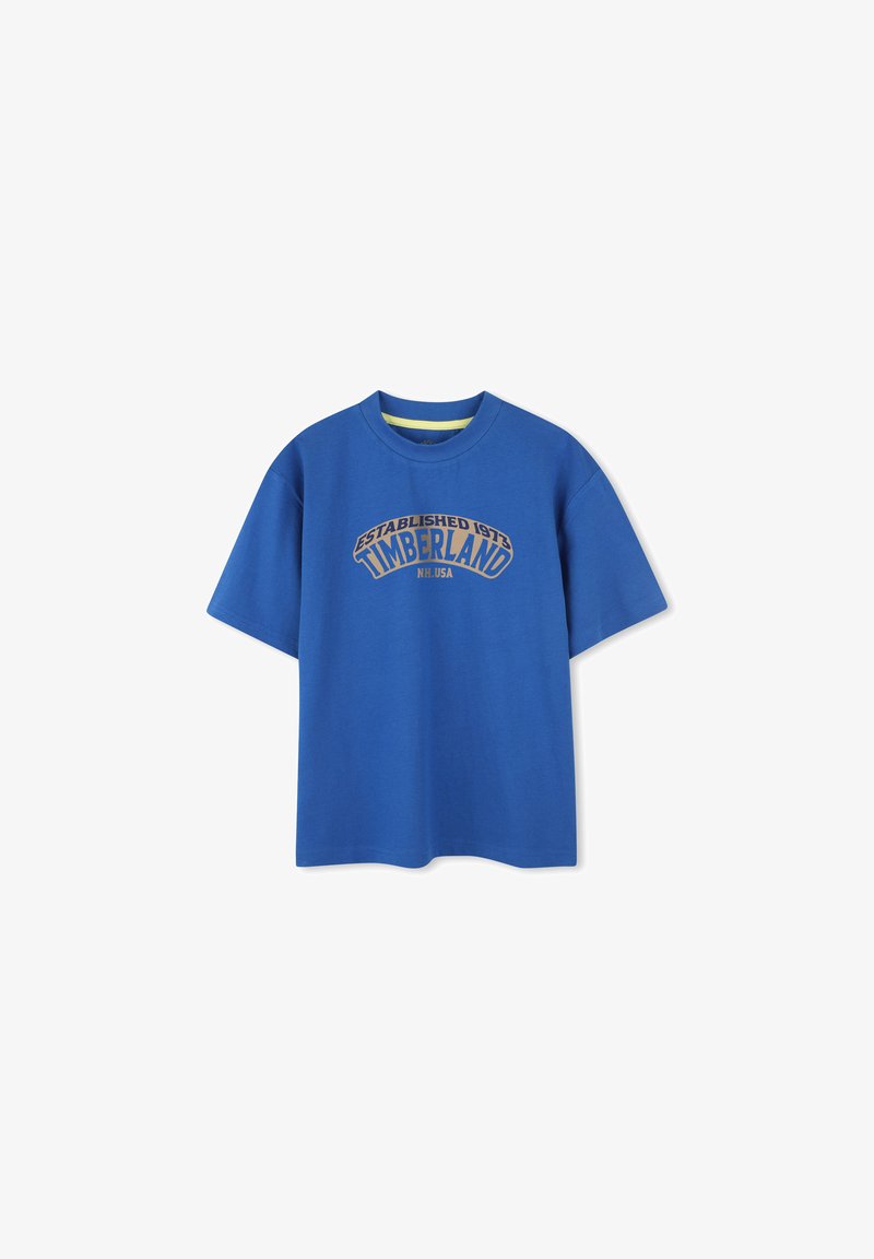 Blauwe katoenen t-shirt met een ronde hals, korte mouwen en een in goud gedrukt "Timberland" logo. Soepele textuur, casual pasvorm.