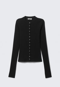 Cardigan noir à manches longues en tissu côtelé, doté d'un col rond et d'une patte de boutonnage avec des boutons argentés.