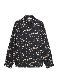 Zwarte overhemd met lange mouwen, voorzien van een crème bloemenpatroon en een losvallende kraag. Lichtgewicht stof met een gladde textuur.