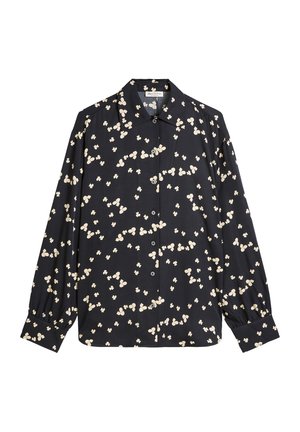Black button-up shirt with long sleeves, featuring a cream floral pattern and a spread collar. Lightweight fabric with a smooth texture.