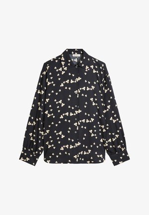 Black button-up shirt with long sleeves, featuring a cream floral pattern and a spread collar. Lightweight fabric with a smooth texture.