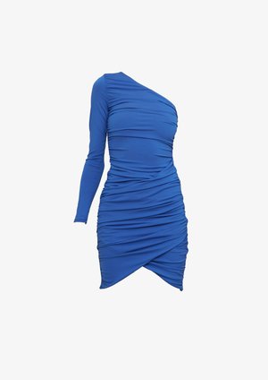 Kék, rugalmas anyagból készült mini ruha. Egy hosszú ujjal és redőzött kialakítással. Aszimmetrikus szegély, amely vizuális érdekességet kölcsönöz.