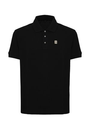 Zwart korte mouwen polohemd met drieknopenbies en een kleine rechthoekige logo-patch op de linkerborst.