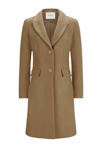 Bruin wollen mix jas met een ingezette kraag, twee voorzakken en twee knoopsluitingen. Vloeiende textuur met een getailleerde pasvorm.