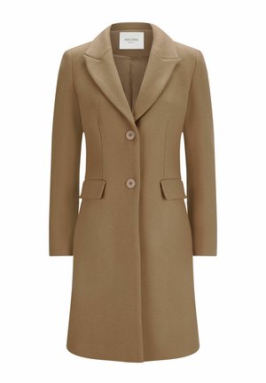 Manteau en mélange de laine marron avec un col cranté, deux poches avant et deux fermetures à bouton. Texture lisse avec une coupe ajustée.