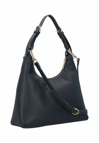 Borsa a mano in pelle blu scuro con finitura strutturata, forma curva, doppie cinghie e dettagli in metallo dorato. Dotata di chiusura con cerniera.