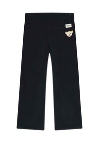 Schwarze Baumwollhosen mit geradem Bein. Mit einer kleinen Bärenstickerei auf der Vordertasche und einem Etikett am Bund.