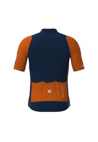 Short-sleeve cycling jersey featuring a navy blue main body with orange sleeves and back pocket. Smooth texture with breathable fabric design.