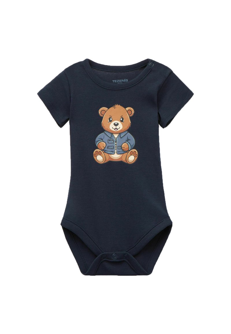 Námorně modrý overal vyrobený z bavlny, na přední straně s potiskem kresleného medvěda v bundě a s patentkami na dně.