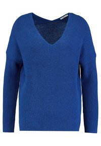 Maglione azzurro lavorato a maglia con maniche lunghe, scollo a V profondo e coste testurizzate. Presenta un design incrociato sul retro per un tocco di originalità.