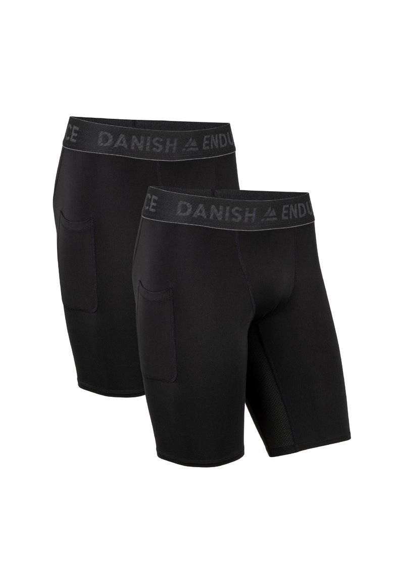 Pantaloni corti sportivi neri con un ampio elastico in vita con il marchio "Danish Endurance" e tasche laterali. Materiale liscio e elasticizzato.
