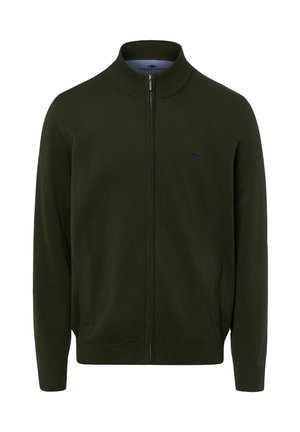 Dark green full-zip knit sweater with ribbed collar, cuffs, and hem, and subtle embroidered logo on the chest.