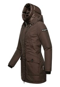 Brown insulated parka jacket with a large hood, zip and button fastening, two front pockets, and ribbed cuffs. Features brand logo on sleeve.
