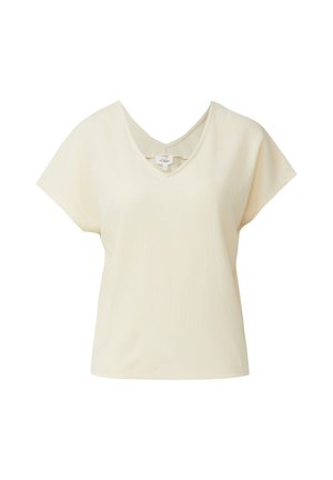 Kremowa bluzka z krótkim rękawem i dekoltem w serek, wykonana z teksturowanej tkaniny o luźnym kroju.