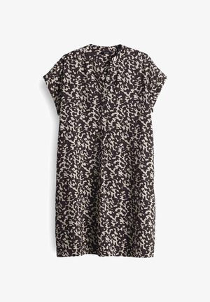 Korte mouwen jurk in zwart met een crème abstract patroon, met een diepe V-hals en een losse A-lijn silhoeët. Glad, lichtgewicht stof.
