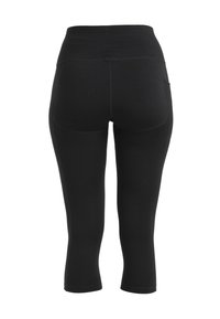 Leggings neri con vita alta, lunghezza cropped e tasche laterali. Tessuto liscio con dettagli di cucitura minimi sul retro.