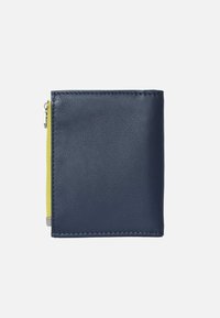 Navy leather wallet with yellow zipper detail, rectangular shape, smooth texture, and fine stitching along the edges.