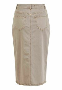 Beige denimová sukně s rovnou siluetou, se středovým švem, dvěma zadními kapsami a kontrastním prošíváním. Součástí je i pásek.