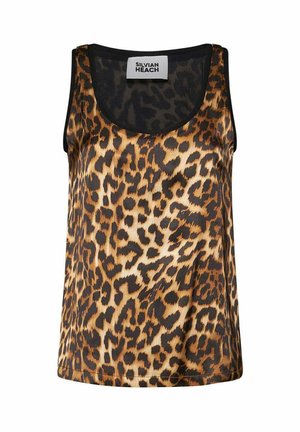 Top senza maniche da donna con motivo a stampa leopardata marrone e nera, scollo arrotondato e etichetta del marchio Silvian Heach all'interno del colletto.