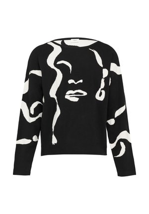 Czarny sweter z białym abstrakcyjnym wzorem przypominającym twarz, z długimi rękawami i luźnym krojem. Wykonany z miękkiego materiału o gładkiej fakturze.