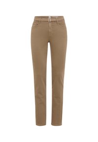 Pantaloni marroni a gamba dritta con passanti per cintura, tasche anteriori e chiusura frontale con bottone e zip.