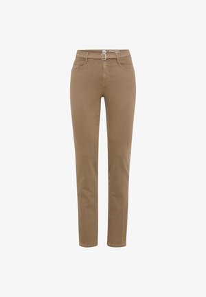 Pantaloni marroni a gamba dritta con passanti per cintura, tasche anteriori e chiusura frontale con bottone e zip.