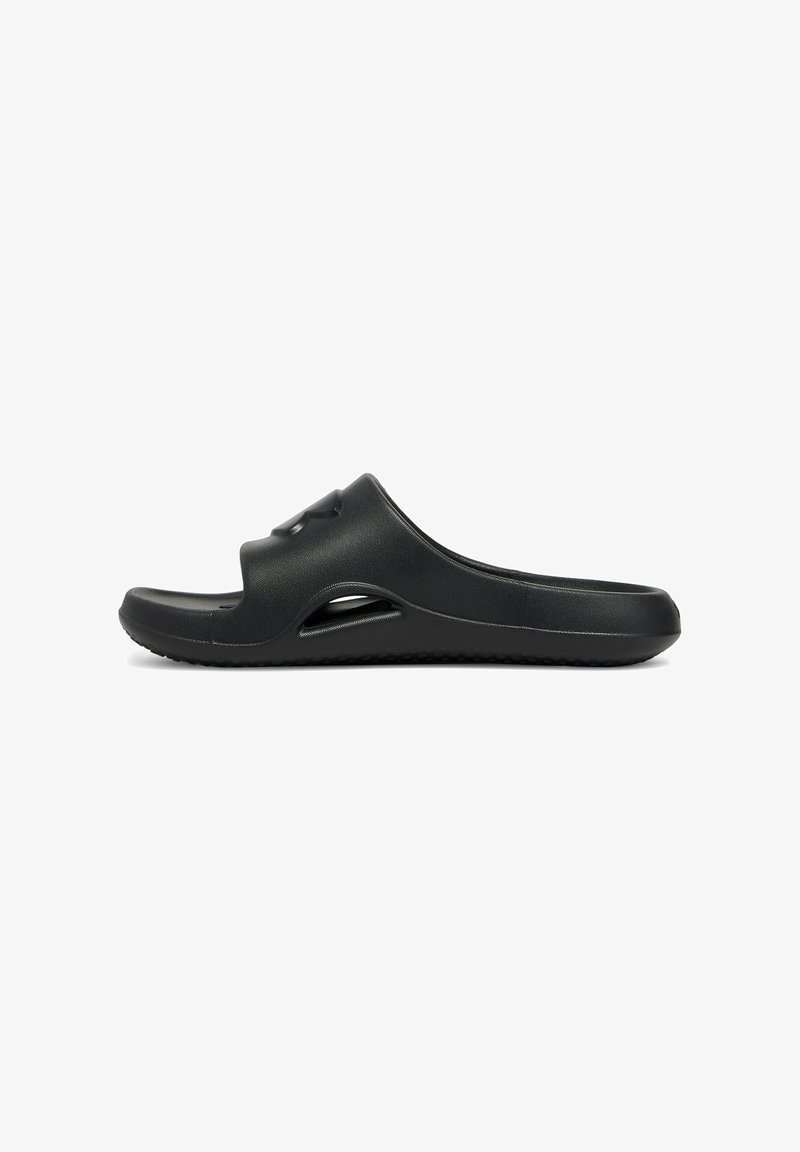 Black slide sandal with a textured upper, open-toe design, and cutout details for ventilation. Flexible sole and smooth finish.