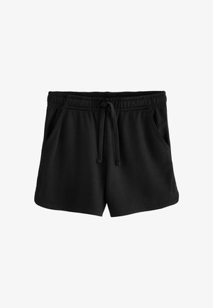 Shorts sportivi neri, realizzati in tessuto strutturato, con vita regolabile tramite coulisse e due tasche laterali. Design classico, lunghezza a metà coscia.