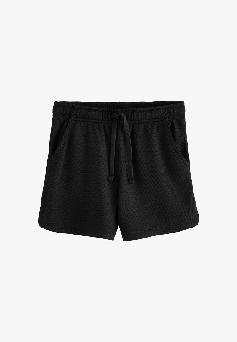 Shorts de sport noirs, en tissu texturé, avec une taille élastique à cordon de serrage et deux poches latérales. Design classique, longueur mi-cuisse.