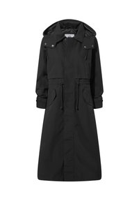 Black waterproof jacket with a hood, cinched waist, and side pockets. Features a sleek, minimalist design and elastic cuffs.