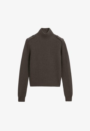 Pull en tricot côtelé marron avec un col montant et des accents de boutons aux épaules. Doté de manches longues et d'un ourlet ajusté.