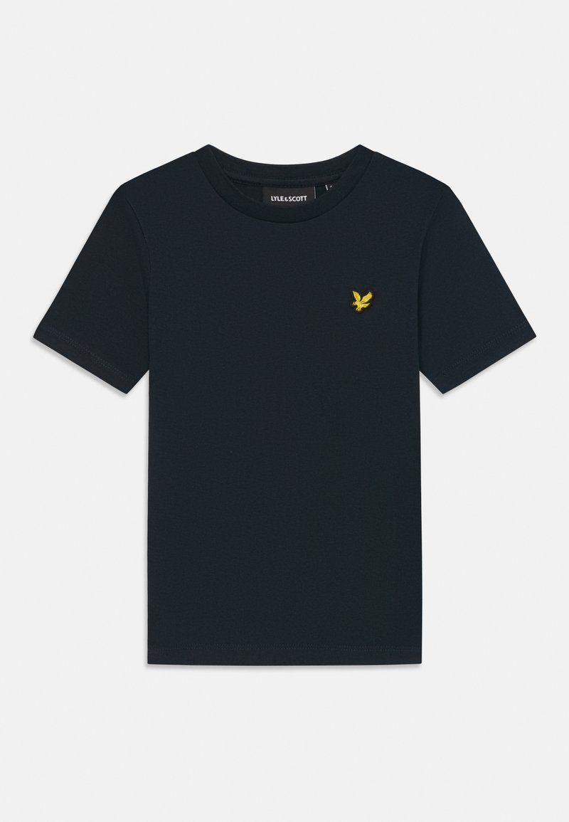 Námořnická modrá bavlněná tričko s kulatým výstřihem a krátkými rukávy, s malým žlutým vyšívaným logem orla na hrudi.