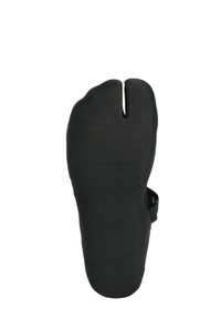 Black boot-shaped accessory with a textured surface, featuring a split design at the toe and an adjustable strap for secure fitting.