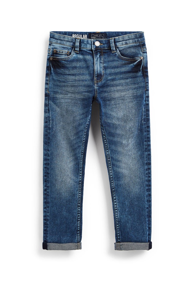 Jeans de denim en azul oscuro con patrones de desgaste y decoloración. Corte regular, pierna recta y puños doblados. Diseño de cinco bolsillos con herrajes de metal.