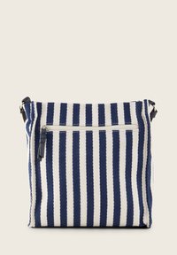 Gestreepte stoffen tas in marineblauw en wit met een voorzak met rits. Beschikt over een geweven textuur en een verstelbare schouderband voor kruisdragen.