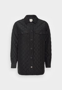 Black quilted jacket with a classic collar, button-up front, two flap pockets, and long sleeves. Features a diamond pattern throughout.