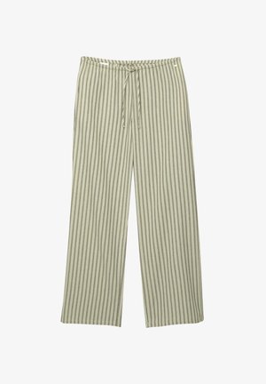 Pantaloni ampia gamba verde chiaro con strisce verticali verde scuro. Presenta un cinturino elastico e un laccetto per una vestibilità regolabile.