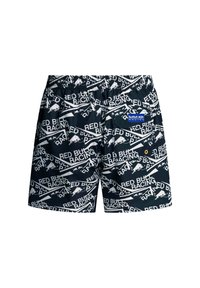 Bañadores negros de tela ligera, con un diseño que presenta un texto y un logo de "Red Bull Racing" en blanco repetido, y con una cintura elástica.