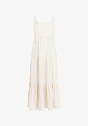 Off-white mouwloze maxi-jurk met verstelbare dunne bandjes en gelaagde geplooide rokpanelen.