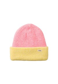 Breipet met een roze top en gele ribbelmanchet, voorzien van een klein wit logolabel. Zachte textuur met een contrasterend kleurenpalet.