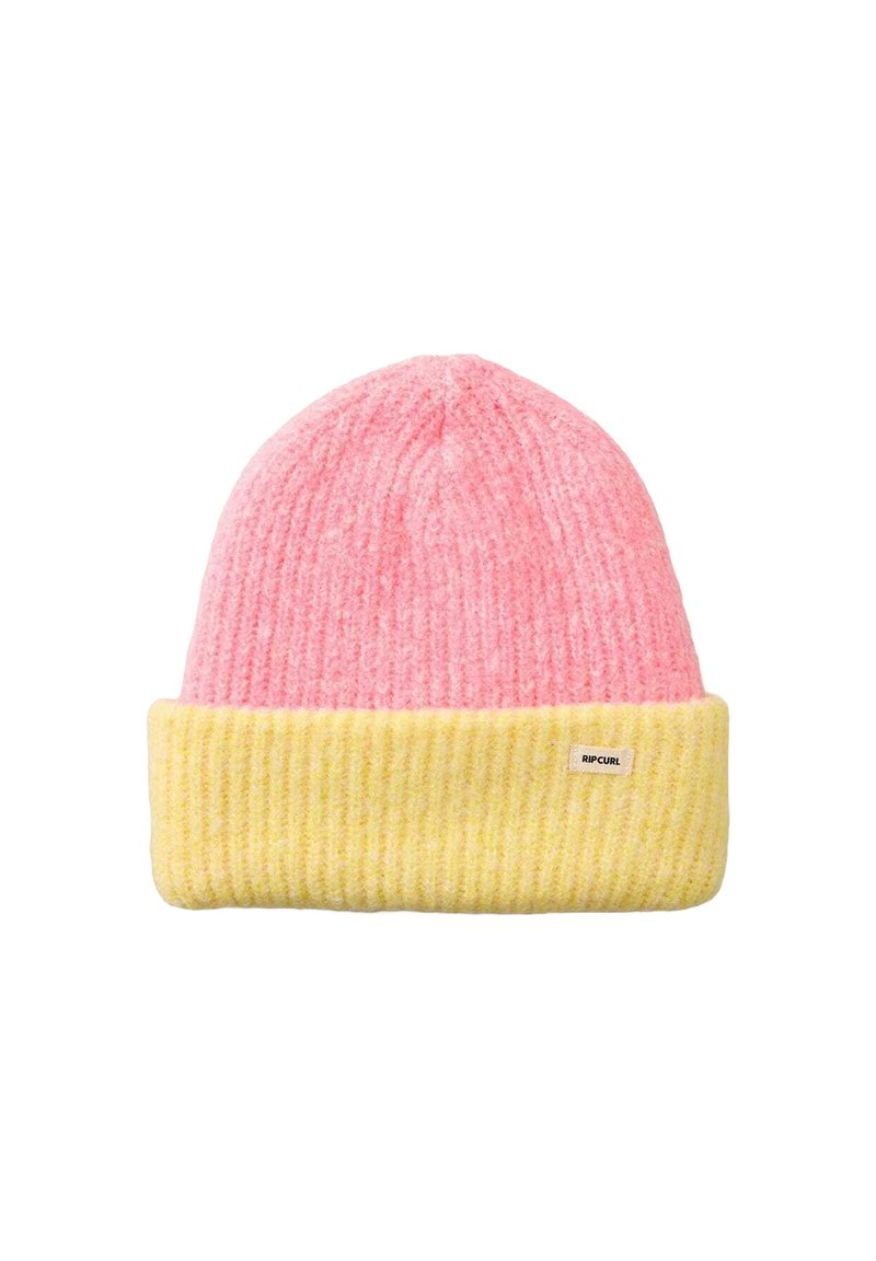 Breipet met een roze top en gele ribbelmanchet, voorzien van een klein wit logolabel. Zachte textuur met een contrasterend kleurenpalet.