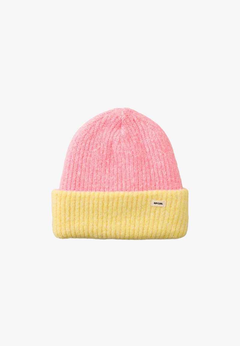 Breipet met een roze top en gele ribbelmanchet, voorzien van een klein wit logolabel. Zachte textuur met een contrasterend kleurenpalet.