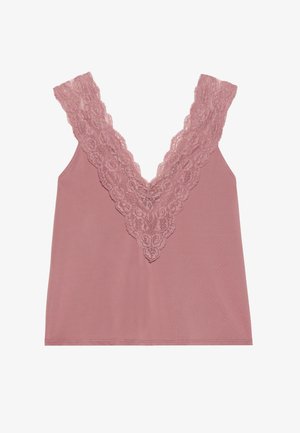 Top roz fără mâneci, cu decolteu adânc în V, având margine din dantelă florală în jurul gâtului și umerilor, realizat dintr-un material neted și ușor.