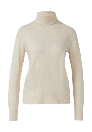 Pull à col roulé beige en maille douce, à manches longues et à la coupe ajustée. Texture lisse avec un léger éclat.