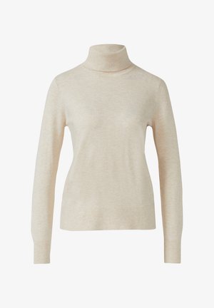 Pull à col roulé beige en maille douce, à manches longues et à la coupe ajustée. Texture lisse avec un léger éclat.