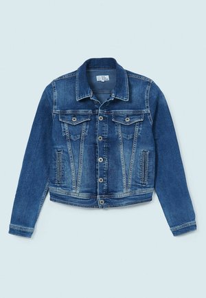 Blue denim jacket with button front, two chest flap pockets, side pockets, and long sleeves displayed on light background.