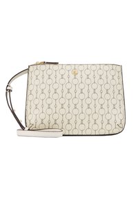 Liten beige handledväska med upprepat mönster av länkade ringar, guldzipper och justerbar axelrem.