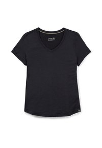 Camiseta negra de manga corta con diseño de escote en V. Fabricada con tela suave, presenta un dobladillo curvado y una etiqueta con el logo discreto en la parte inferior izquierda.