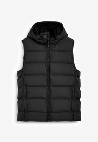 Schwarze gepolsterte Weste mit Kapuze. Verfügt über einen Frontreißverschluss, Seitentaschen und eine glatte Textur. Das Design ist minimalistisch mit einem gesteppten Muster.